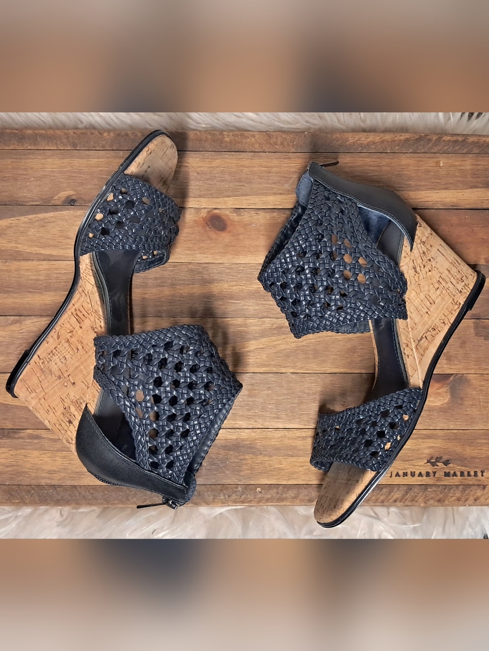 Donald J. Pliner Navy Woven Cork Wedge Sandals Size 7.5 - Picture 3 of 8